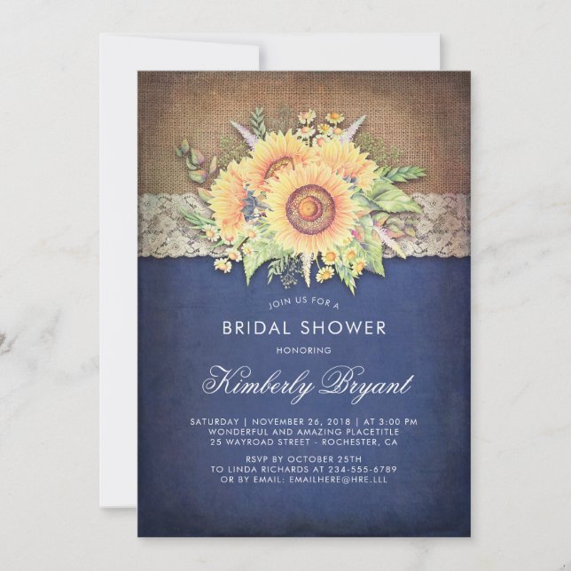 Burlap Lace Sunflower Navy Rustic Bridal Shower Invitation (Front)
