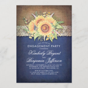 Burlap Lace Sunflower Navy Rustic Engagement Party Invitation