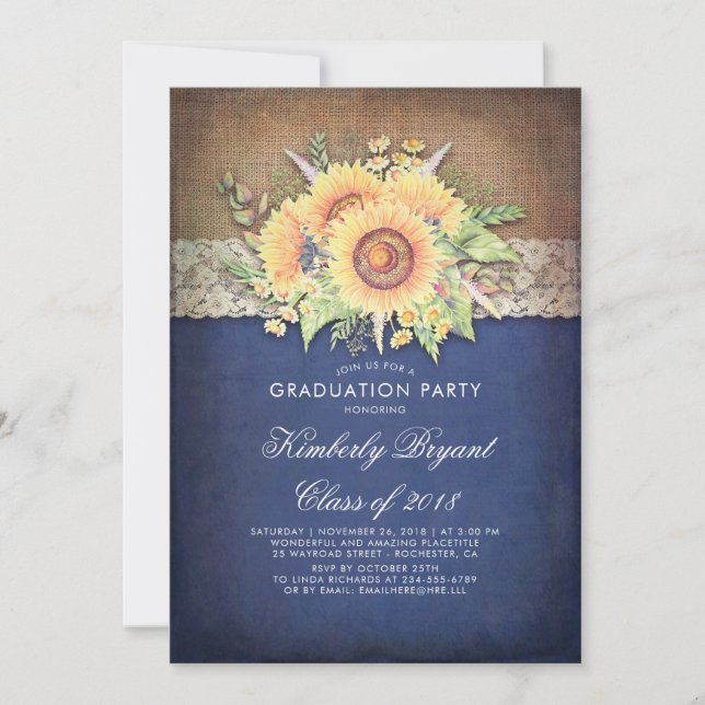 Burlap Lace Sunflower Navy Rustic Graduation Party Invitation (Front)