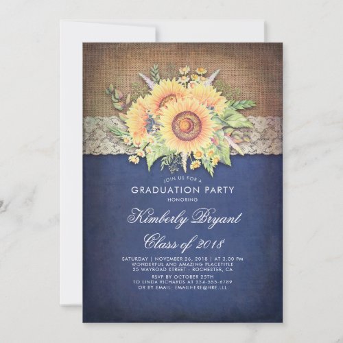 Burlap Lace Sunflower Navy Rustic Graduation Party Invitation
