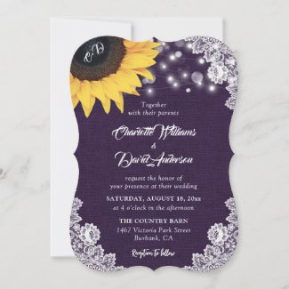 Burlap Lace Sunflower Purple Wedding Invitation