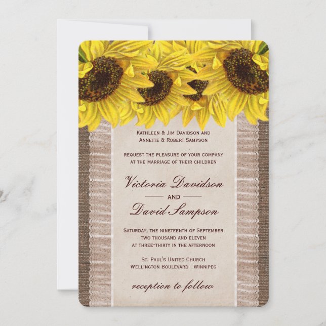 Burlap, Lace Sunflower Wedding Invitation (Front)