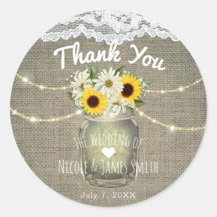 Burlap Lace Sunflowers & Daisies Mason Jar Rustic Classic Round Sticker