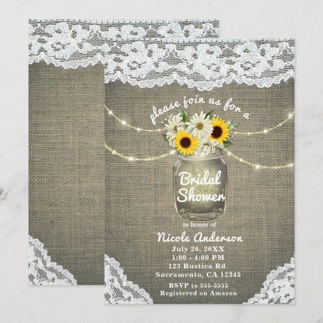 Burlap Lace Sunflowers & Daisies Mason Jar Rustic Invitation (Front/Back)