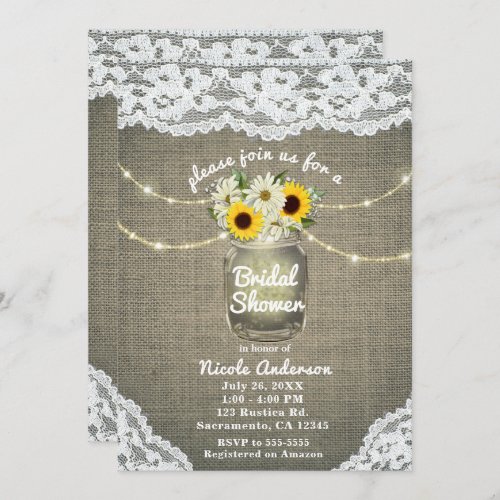 Burlap Lace Sunflowers  Daisies Mason Jar Rustic Invitation