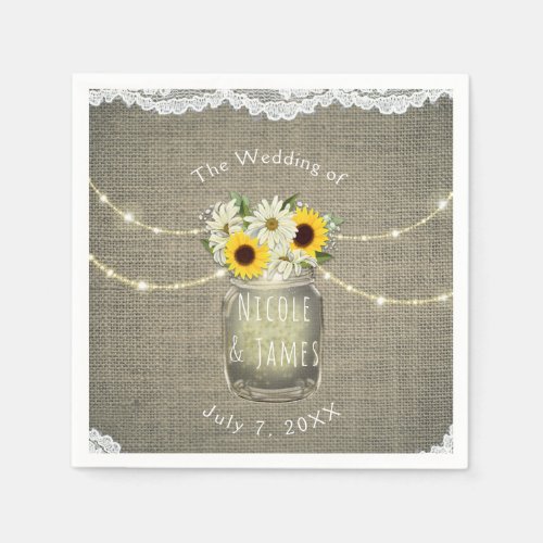 Burlap Lace Sunflowers  Daisies Mason Jar Rustic Paper Napkins