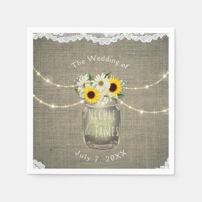 Burlap Lace Sunflowers & Daisies Mason Jar Rustic Paper Napkins (Front)
