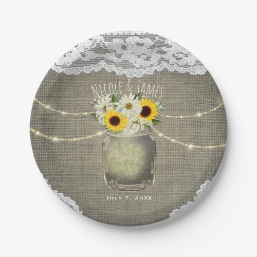 Burlap Lace Sunflowers  Daisies Mason Jar Wedding Paper Plates