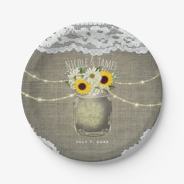 Burlap Lace Sunflowers & Daisies Mason Jar Wedding Paper Plates (Front)