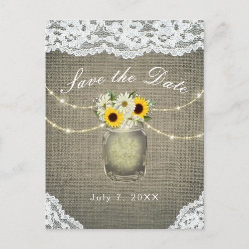 Burlap Lace Sunflowers Daisies Mason Save the Date Announcement Postcard