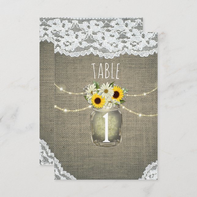 Burlap Lace Sunflowers Daisies Rustic Table Number (Front/Back)