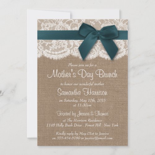 Burlap Lace  Teal Bow Mothers Day Brunch Invitation