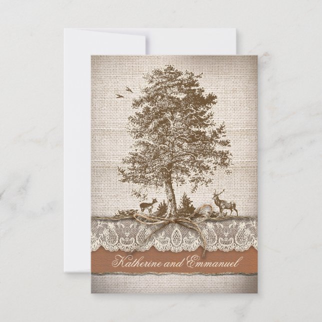 burlap lace tree rustic country wedding RSVP cards (Front)