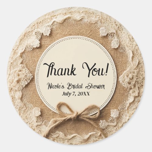 Burlap Lace  Twine Bow Rustic Bridal Shower Classic Round Sticker