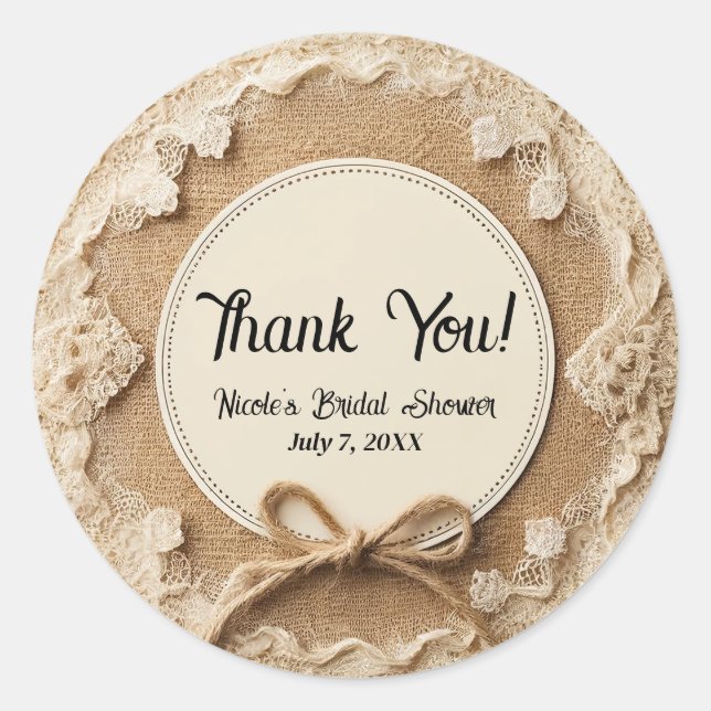 Burlap Lace & Twine Bow Rustic Bridal Shower Classic Round Sticker (Front)