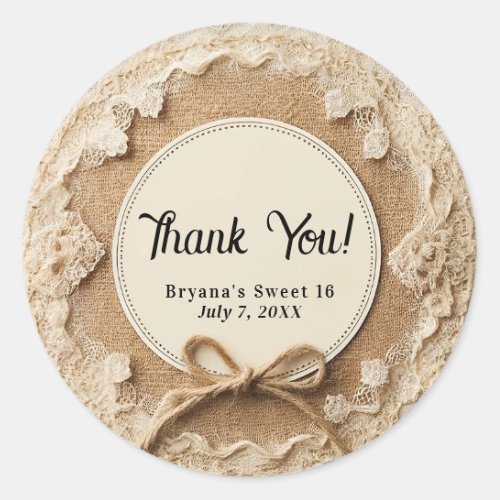 Burlap Lace  Twine Bow Rustic Sweet 16 Birthday  Classic Round Sticker