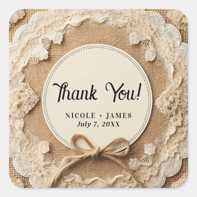 Burlap Lace & Twine Bow Rustic Wedding Square Sticker (Front)