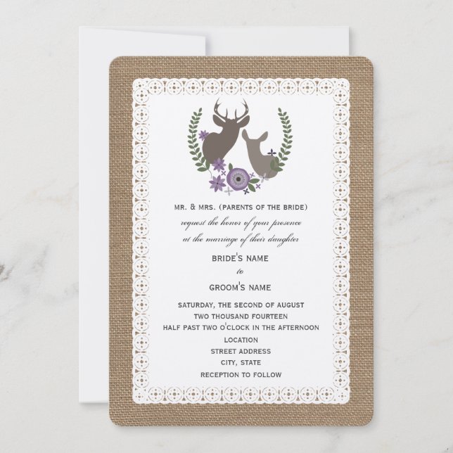 Burlap + Lace Wedding Buck + Doe Deer - Purple Invitation (Front)