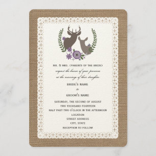 Burlap + Lace Wedding Buck + Doe Deer - Purple Invitation