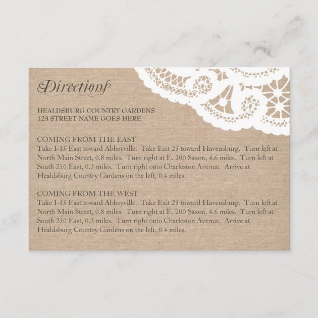 Burlap Lace Wedding Directions Enclosure Card
