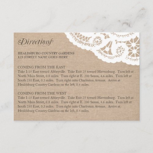 Burlap Lace Wedding Directions Enclosure Card