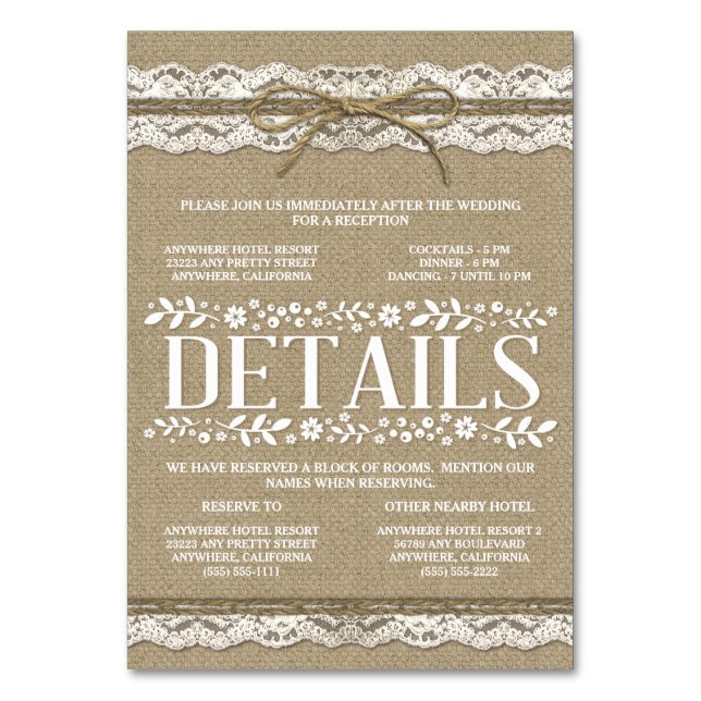 Burlap Lace Wedding Reception Hotel Accommodation Table Number (Front)