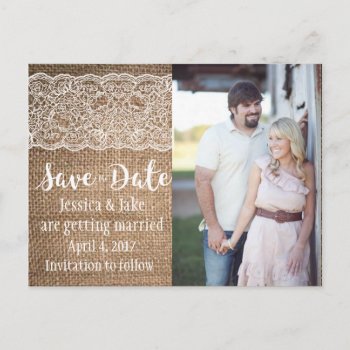 Burlap & Lace  Wedding Save The Date Postcard by AestheticJourneys at Zazzle