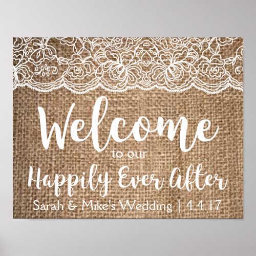 Burlap  Lace Wedding Sign_ Happily Ever After Poster