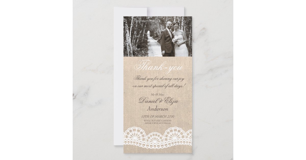 Burlap & Lace Wedding Thank You Photo Card | Zazzle