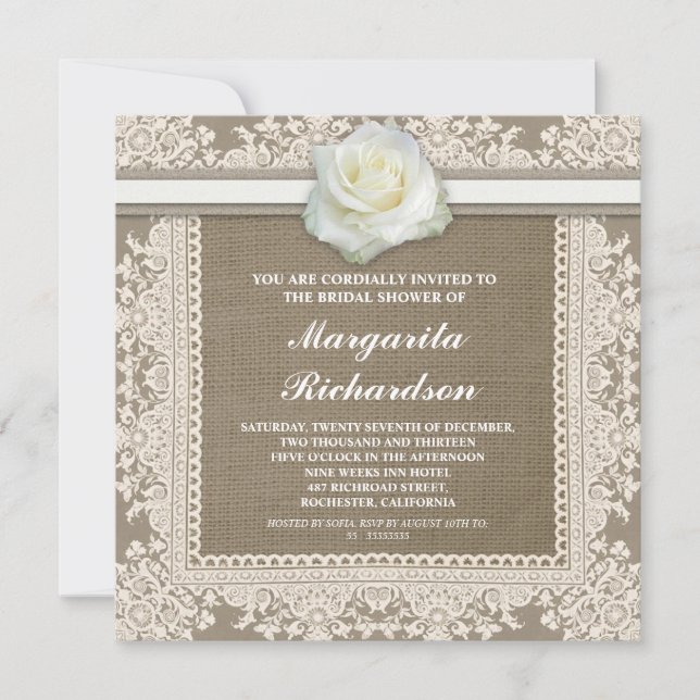 burlap lace & white rose bridal shower invitations (Front)
