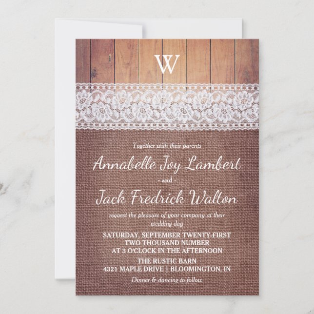 Burlap Lace & Wood | Rustic Monogram Wedding Invitation (Front)