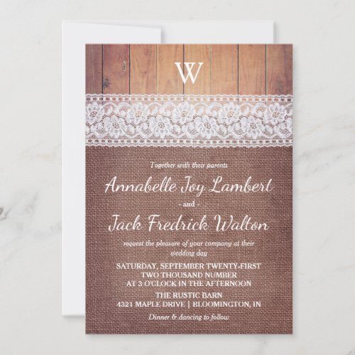 Burlap Lace  Wood  Rustic Monogram Wedding Invitation