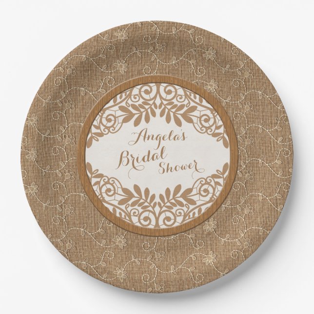 Burlap Lace Wood Rustic Wedding Bridal Shower Paper Plates (Front)