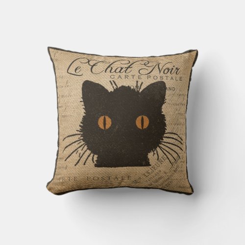 Burlap Le Chat Noir French The Black Cat Throw Pillow