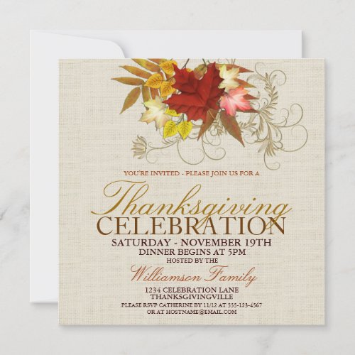 Burlap & Leaves Thanksgiving Dinner Invitation - Customize these elegant invitations for your upcoming Thanksgiving dinner celebration