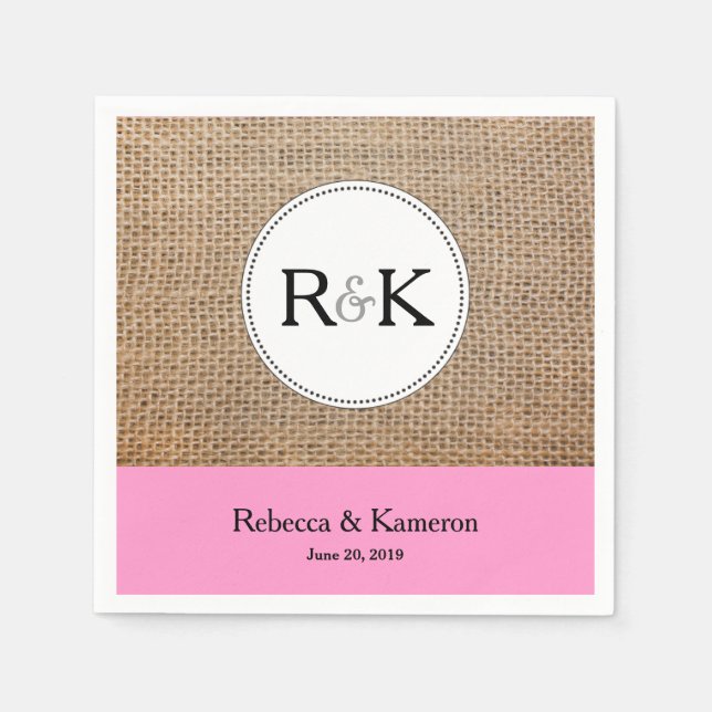 Burlap & Light Pink Monogrammed Wedding Paper Napkins (Front)