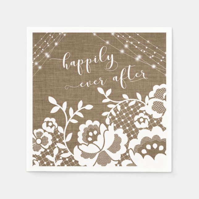 Burlap Lights & White Lace Happily Ever After Napkins (Front)