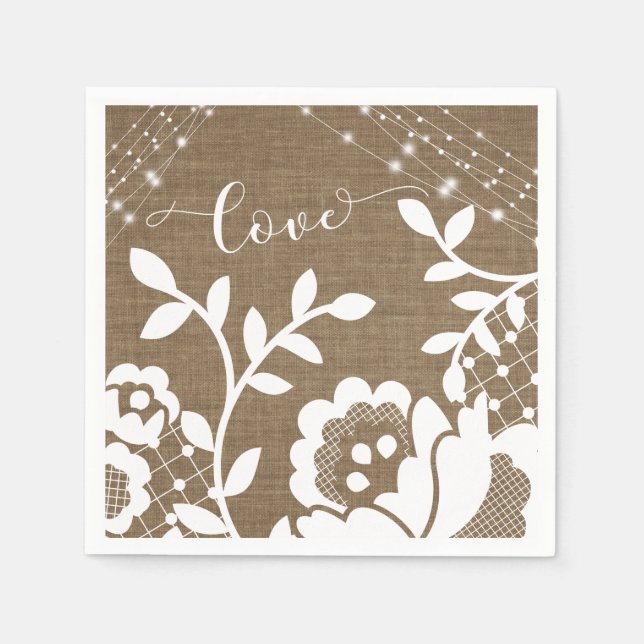 Burlap Lights & White Lace Love Typography Napkins (Front)