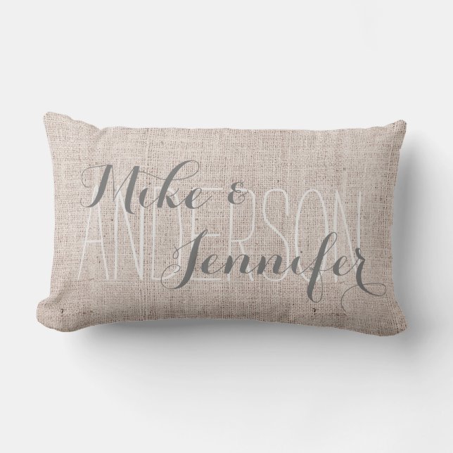 Burlap-like Personalize Wedding Names Date Gift Lumbar Pillow (Front)