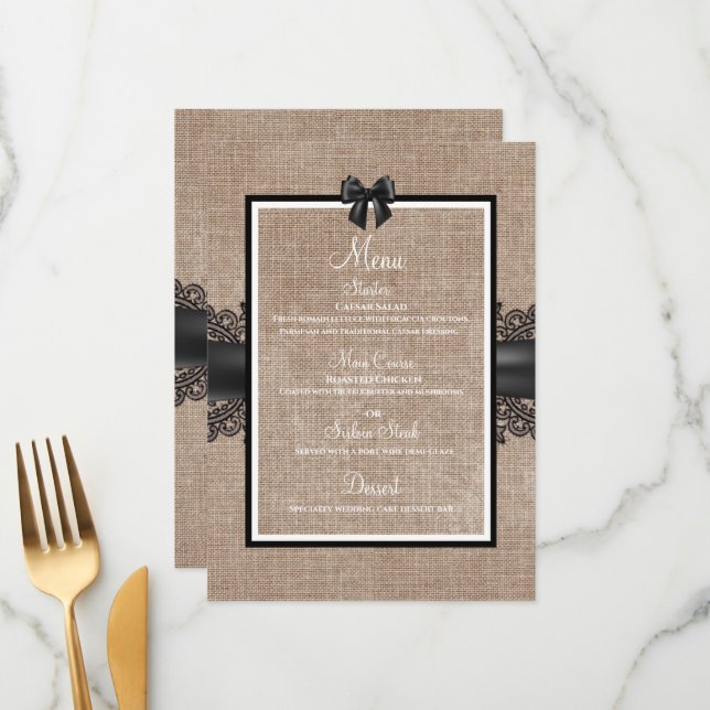 Burlap, Linen and lace wedding custom menu (Front/Back In Situ)