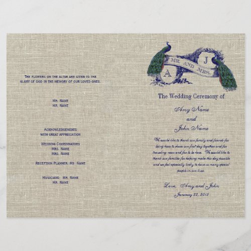 Burlap Linen Peacocks Rustic  Wedding Program