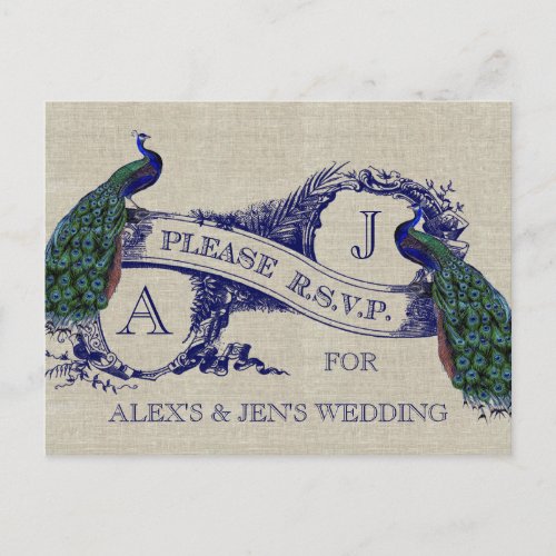 Burlap Linen Vintage Peacocks Rustic Wedding RSVP Invitation Postcard