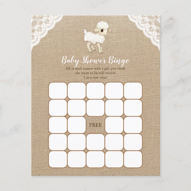 Burlap Little Lamb Baby Shower Bingo Game (Front)