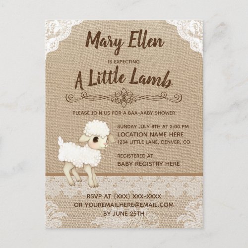 Burlap Little Lamb Baby Shower Invitation Postcard