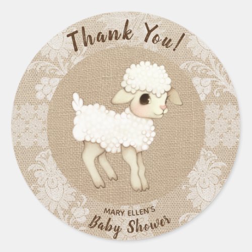 Burlap Little Lamb Baby Shower Thank You Sticker