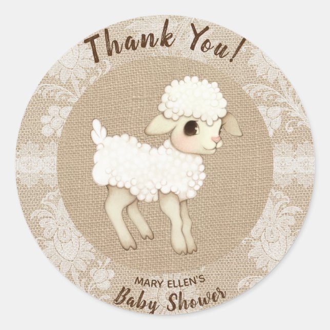 Burlap Little Lamb Baby Shower Thank You Sticker (Front)