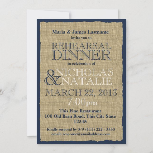 Burlap Look Rehearsal Dinner Navy Blue Invitation (Front)