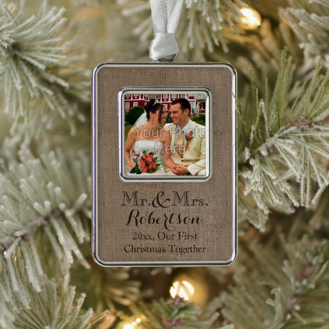Burlap-Look Rustic Wedding Couple First Christmas Ornament (Tree)