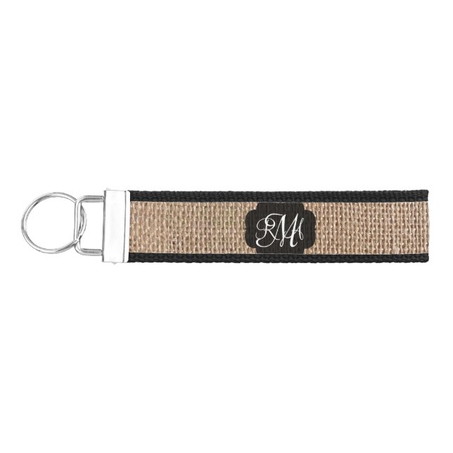 Burlap Look Triple Monogrammed Script Wrist Keychain (Keys on Left)