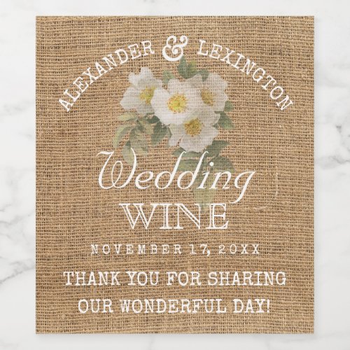 Burlap Look Vintage Flowers Rustic Country Wedding Wine Label